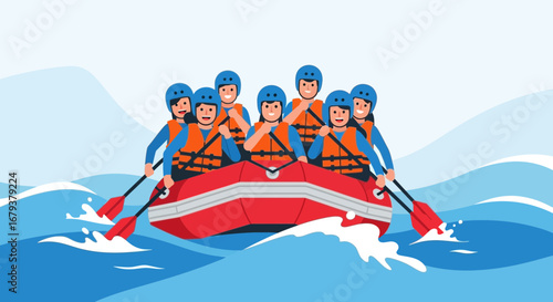 Thrilling Rafting Adventure: Group Navigating Rapids on a Sunny Day with Safety Gear