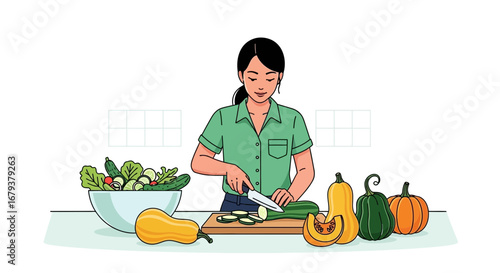 Woman Artfully Prepares Fresh Vegetables in Modern Kitchen Healthy Lifestyle