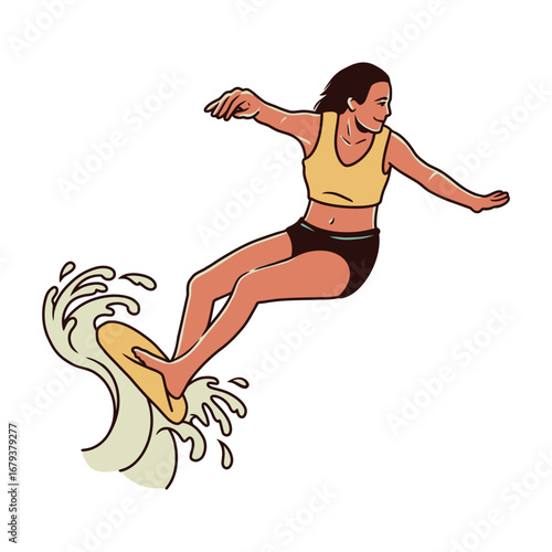 Young woman confidently surfs a wave on a surfboard, captured in a dynamic illustration style with clean lines and a stylized representation of water spray.