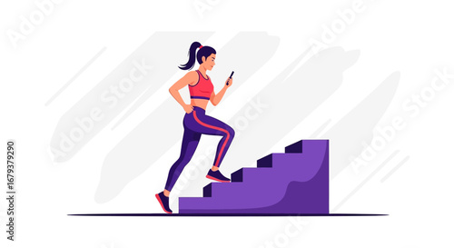 Woman Ascends Stairs While Using Phone, Illustrating Fitness, Technology, And Modernity