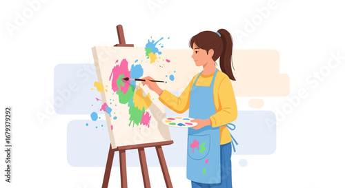 Woman Artist Painting On Canvas Creating Vivid Artwork For Creative Expression And Imagination