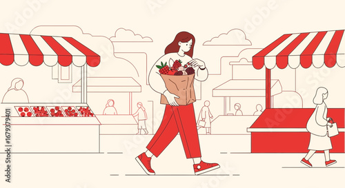 Woman At Farmers Market Purchasing Grocery Bag With Fresh Produce and Fruits
