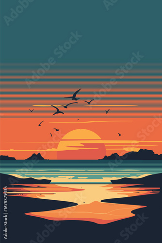 Serene beach landscape at sunset with seagulls flying over the ocean and vibrant sky