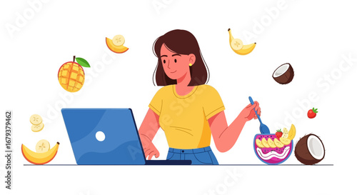 Woman At Laptop Eating Smoothie Bowl With Fruit And Coconut Isolated On White Background