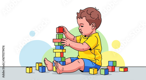 Toddler Building A Tower of Colorful Blocks Demonstrates Early Development and Playtime