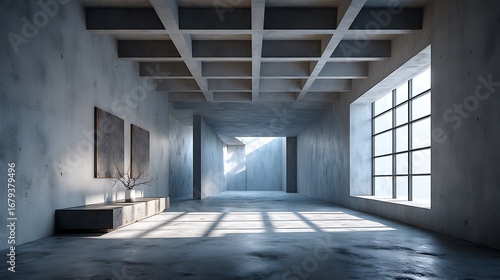 Wallpaper Mural A modern concrete room with a ceiling opening, shadow grid, and a rough floor, capturing an industrial interior atmosphere. Torontodigital.ca