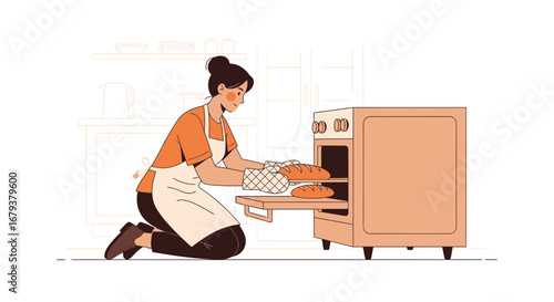 Woman Baking Fresh Bread In The Oven Kitchen Domestic Life Illustration