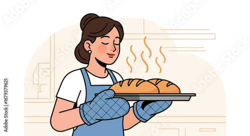 Woman Baking Fresh Bread with Delight In A Kitchen, Showing A Homey And Sweet Lifestyle