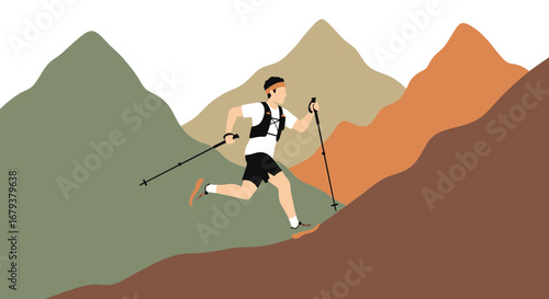 Trail Runner Ascending a Mountain Slope Using Trekking Poles in Vector Illustration