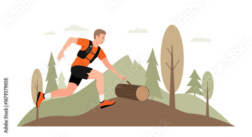 Trail Runner Navigating Obstacle Course, Embracing Physical Challenge In A Scenic Meadow