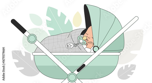 Tranquil Baby Sleeping Peacefully in a Pram with Tropical Background