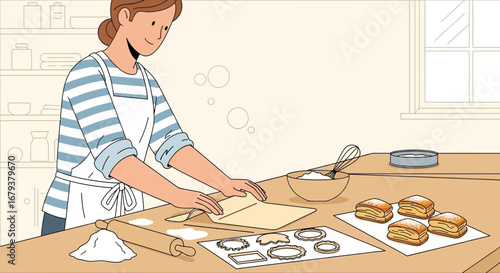 Woman Baking Fresh Homemade Pastries In Kitchen, Happy Baking Time At Home