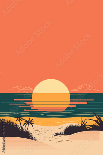 Stylized sunset over tranquil ocean with silhouetted palm trees on a sandy beach in a retro graphic design.