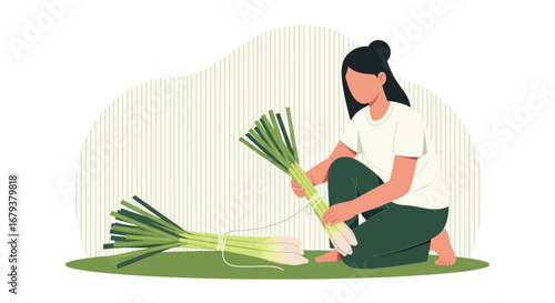 Woman Binding Lemongrass Bundles Before Drying, Herbal Remedies and Organic Farming