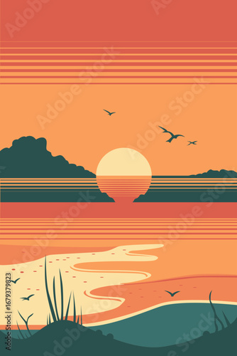 Stylized sunset over calm ocean waters with silhouetted landscape and birds flying in a warm, vibrant color palette
