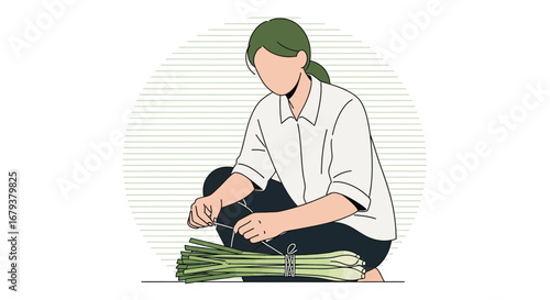 Woman Binding Fresh Herbs Illustration In Minimalistic Flat Design Style For Stock Photos