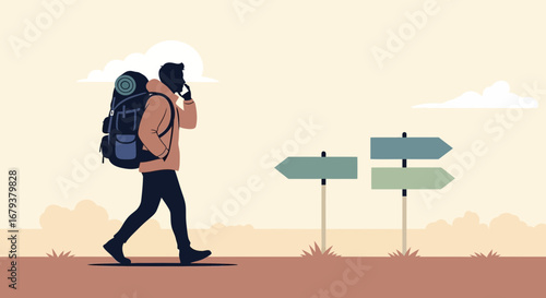 Traveler Calling While Making Decision, Signposts Indicate Directional Choices on the Journey