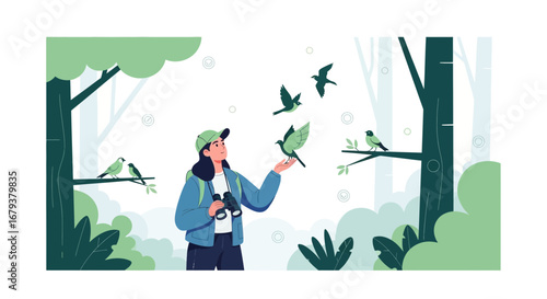 Woman birdwatching in the forest with birds and binoculars vector illustration