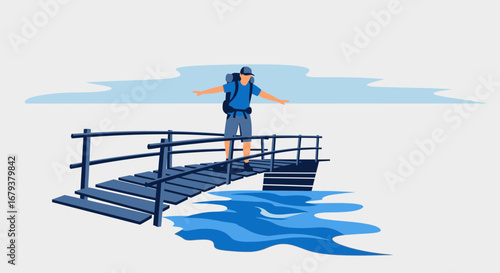 Traveler Balancing On Wooden Bridge Over Sparkling Water With Clouds In The Background