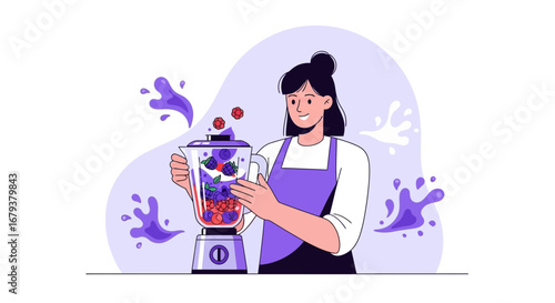 Woman Blending Berries into a Vibrant and Flavorful Smoothie, Healthy Lifestyle