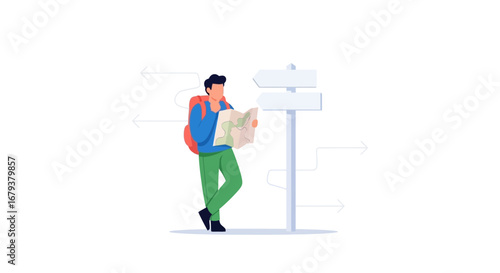 Traveler Contemplating Directions Next To Road Sign, Map Guidance And Outdoor Exploration