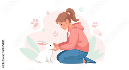 Woman bonding with her pet rabbit in a heartwarming illustration of care and companionship