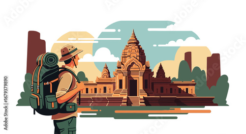 Traveler Exploring Ancient Temple Architecture And Natural Landscape Illustration