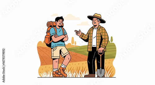 Traveler Meeting Farmer in a Landscape Scenic View of Nature Discussing Outdoors