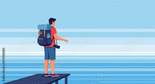 Traveler with backpack stands on pier overlooking the ocean, ready to go far