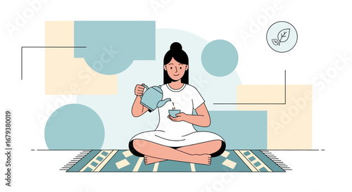 Woman Brewing Tea in Peaceful Pose with a Calm Setting, A Visual Experience