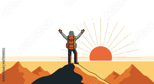 Triumphant Climber Reaches Summit, Embracing Sunrise With Open Arms and Enthusiasm