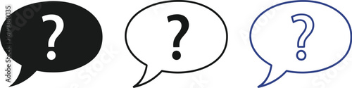 Three speech bubbles with question marks, representing inquiry and communication