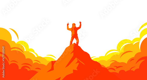 Triumphant Climber Overlooking Mountain Heights in Vibrant Orange Amidst Clouds