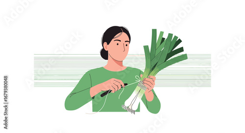 Woman Bundling Fresh Leeks with Thread in a Serene and Minimalist Illustration
