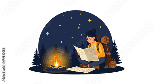 Woman camping near a fire at night while reading a map in the forest