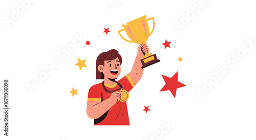Triumphant Figure Holding Golden Champion's Trophy Celebrates Victory and Achievement Earned