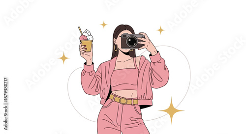 Woman Capturing Moment While Holding Ice Cream Cup And A Camera In Hand Artistic style