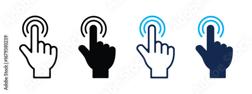 Four hand pointer icons showing touch interaction isolated on transparent background