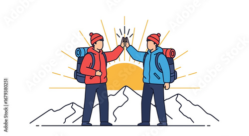 Two Adventurers Celebrates Success with a High Five in Front of a Radiant Sunset