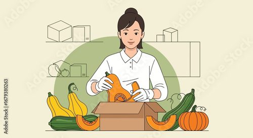 Woman Carefully Arranges Seasonal Produce in a Cardboard Box for Fresh Farm Delivery