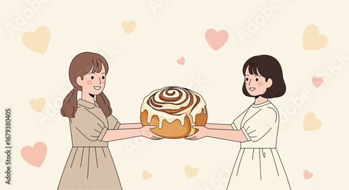 Two Girls Present A Large Cinnamon Roll, Sharing Kindness And Sweetness in a Lovely Scene