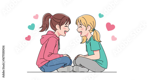 Two happy girls sitting and looking at each other with hearts floating around them