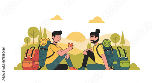 Two Hikers Resting and Having a Snack During Nature Adventure in the Mountains