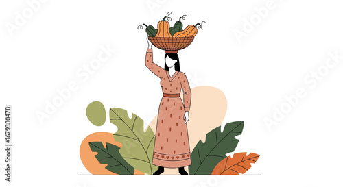 Woman Carrying Basket of Harvested Gourds in a Lush, Natural Setting