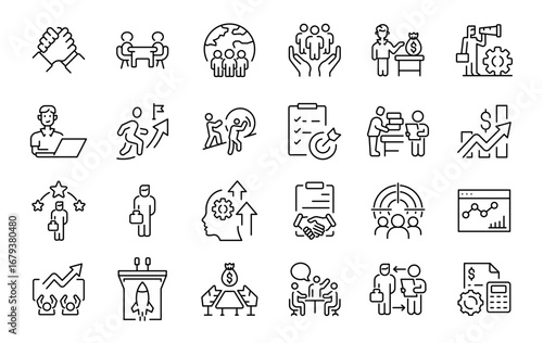 Career web line icons set with Success, Growth, Work, Goals, Motivation, Achievements. Editable Stroke