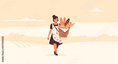 Woman Carrying Woven Bread Basket Walking Through a Field with Pastel Colored Background