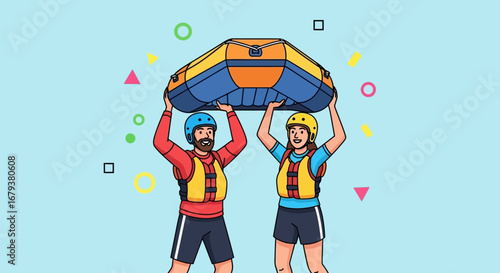 Two People Carrying Raft Preparing for Whitewater Rafting Adventure in Illustration Style