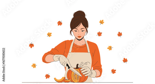 Woman Carving Pumpkin During Autumn, Preparing Seasonal Culinary Delights