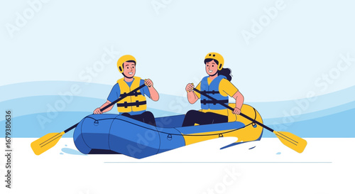 Two people enjoying a rafting experience on a river with paddle and life jacket