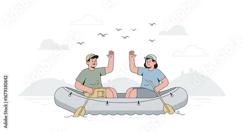 Two People Enjoying a Rafting Adventure on a Lake and High-Fiving Each Other